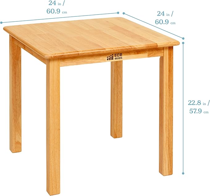 ECR4Kids 24in x 24in Hardwood Table and Chair Set, 12in Seat Height, Kids Furniture, Honey