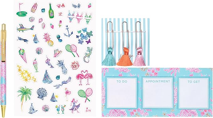 Lilly Pulitzer Pencil Case with Planner Accessories for Adults, Agenda Bonus Pack Includes Stickers, Click Pen, Mini Notepads, Bookmarks, and Zipper Pouch (Royal Coral)