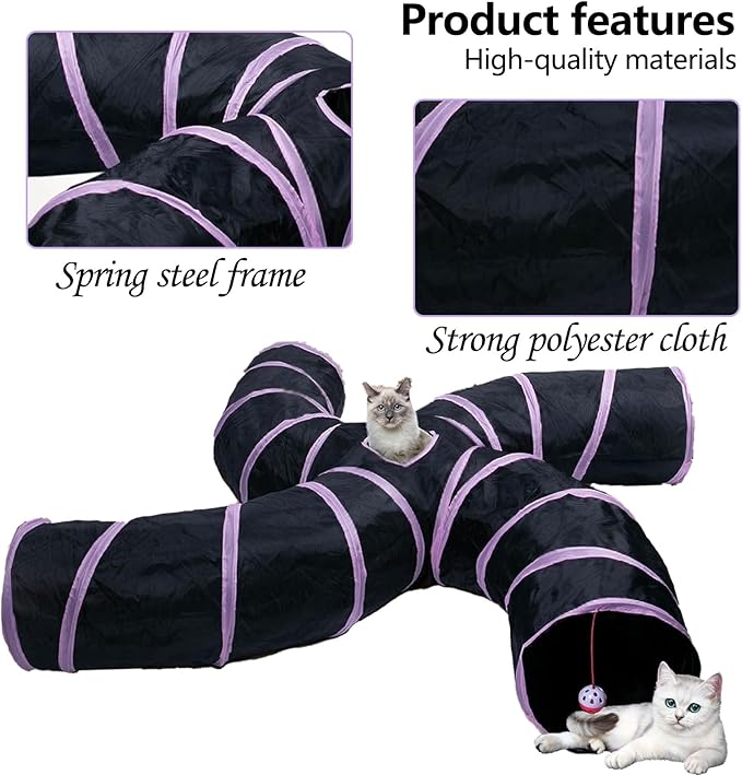 EGETOTA Cat Tunnel for Indoor Cats Large, with Play Ball S-Shape 4 Way Collapsible Interactive Peek Hole Pet Tube Toys, Puppy, Kitty, Kitten, Rabbit (S4 - Black & Pink)