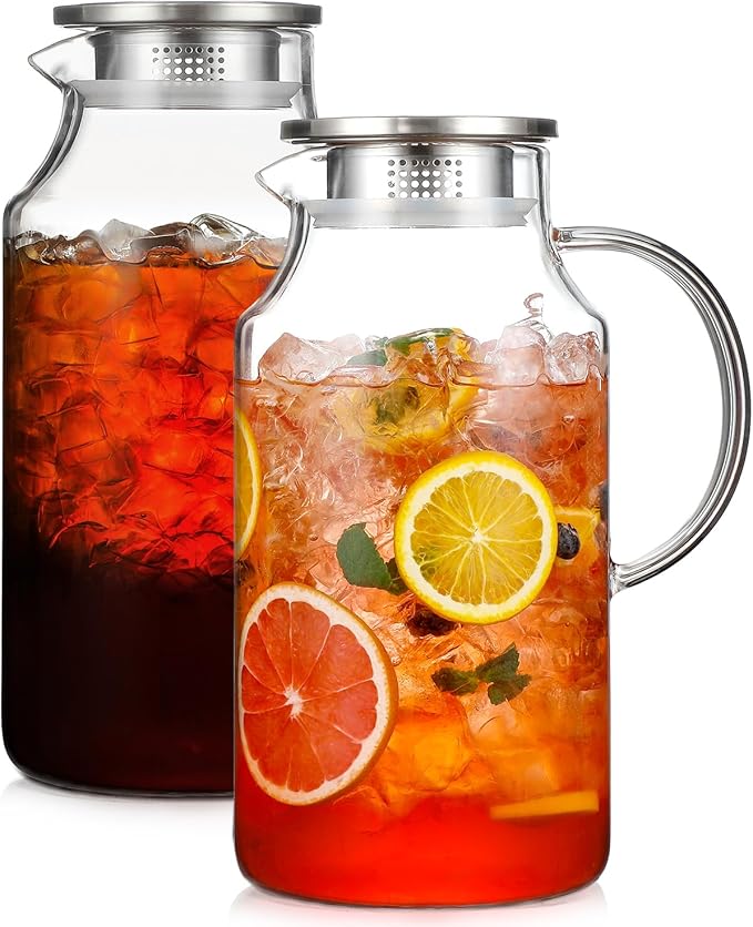 2 Pack 1 Gallon thickened Glass Pitcher with Lid and Spout, Borosilicate Glass Carafe for Hot/Cold Drink, Water Pitchers for Fridge, Extra Large Jug with Handle for Iced Tea, Coffee,Juice, Beverage