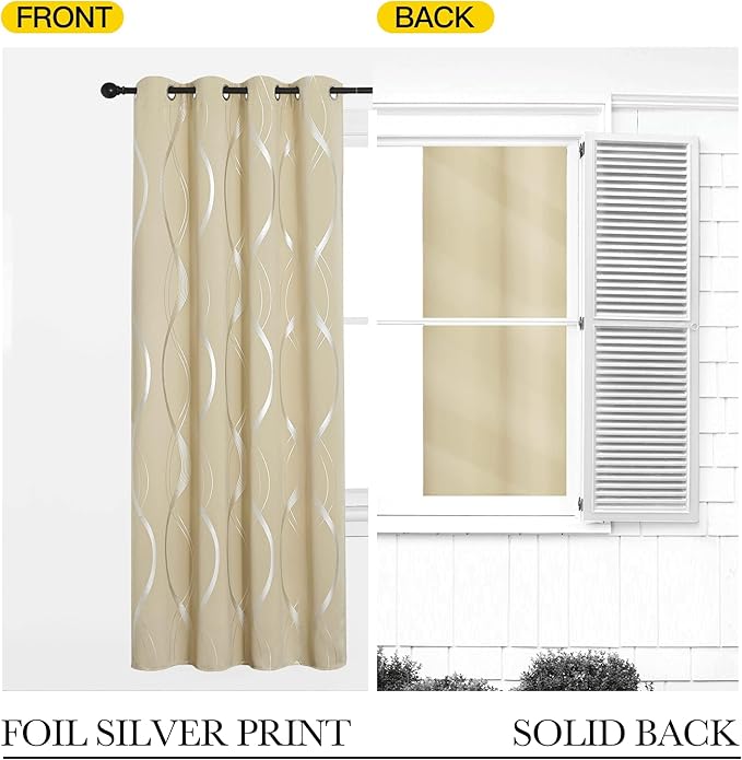 NICETOWN Blackout Curtains 90" Long 2 Panels, 52", Biscotti Beige, Foil Printed Wave Lines Energy Saving Thermal Insulated Blackout Draperies for Patio Hall Studio