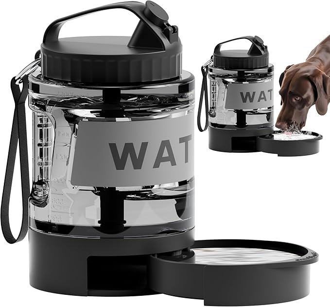 77oz Portable Dog Water Bottle, Camping Essentials, Large Travel Bottle with Pull-Out Drinking Bowl, Portable Beach Accessories, Car Water Container for Dogs, BPA Free - Black