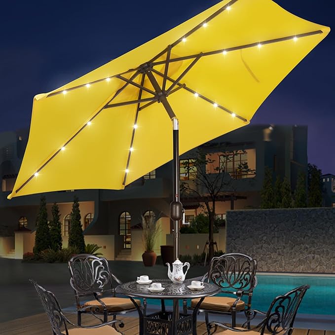 Blissun 7.5 ft Solar Umbrella, 18 LED Lighted Patio Umbrella, Table Market Umbrella