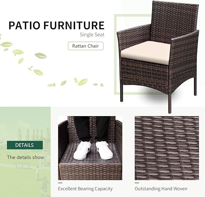 Greesum 3 Pieces Patio Furniture Sets Outdoor PE Rattan Wicker Chairs with Soft Cushion and Glass Coffee Table for Garden Backyard Porch Poolside, Brown and Beige