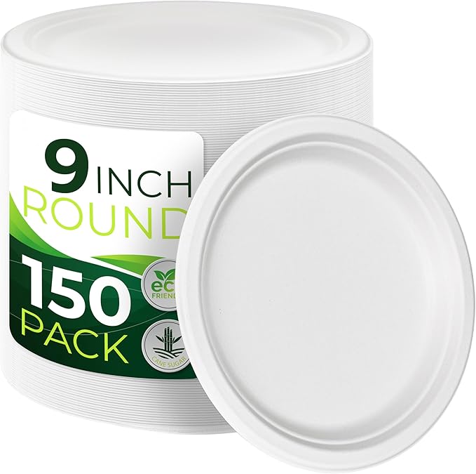 150pcs 100% Compostable 9in Paper Plates, Heavy Duty Disposable Eco Friendly Dinner Plates, Biodegradable Made of Sugarcane Fiber