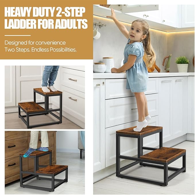 Wood and Metal 2 Step Stool for Adults & Kids – Heavy Duty Rustic Step Stools, 500 Lbs Capacity Non-Slip Stepping Stool for High Beds, Kitchen, Bathroom, Closet, Durable Foot Stool for Home Use