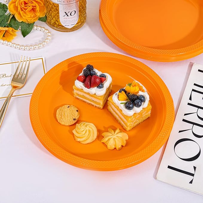 WELLIFE Orange Party Plates 10 Inch -150 Count, Plastic Disposable Dinner Plates for Party Easter Halloween Thanksgiving Picnic BBQ
