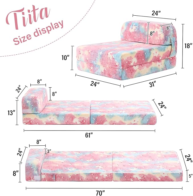 Tiita Folding Sofa Bed for Kids, Toddler Fold Out Couch Bed with Removable Cover, Kids Futon Sleeper Chair Folding Bed Mattress for Kids Room, Living Room, Guest Room,Colorful