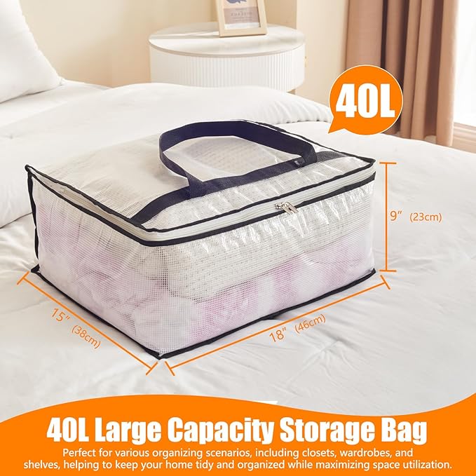 40L Clear Storage Bags for Blanket, Clothes, Comforter, Bedding, Sheet, Pillow - Closet Organizers and Storage Containers, Under Bed Storage Bag with Zipper (Clear, 3 Pack)