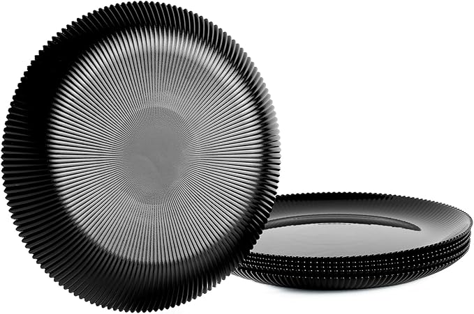 7.5 inch Ribbed Salad Appetizer Plate Set of 6, Opal Glass Round Small Black Plates for Dessert, Kitchen, Dishwasher and Microwave Safe