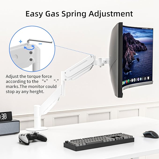 Suptek Ultrawide Monitor Arm Mount for 17 to 49 Inch Heavy Duty Curved Screen,Holds 46.2 lbs,Adjustable Gas Spring Monitor Arm Desk Mount Stand,75/100 Vesa Mount,White(MD71LW)
