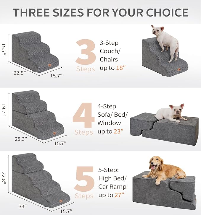 Made4Pets Dog Stairs Ramp for High Bed 22.8" H, 5-Step Pet Stairs for Bed Couch Sofa Climbing, 35D Foam Pet Steps for Small Dogs and Cats, Non-Slip Bottom Dog Steps, Grey