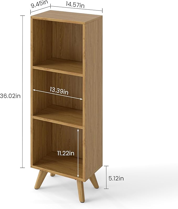 Manora Small Bookcase with 3 Open Shelves, Modern Bookshelf with Wooden Legs, Narrow Storage Organizer for Living Room, Bedroom, Office, Oak
