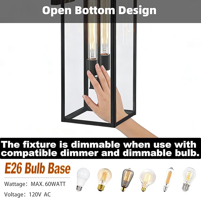 25 Inch Large Size Outdoor Wall Light Dusk to Dawn,2-Light Outdoor Porch Lanterns Extra Large 2-Bulb Outside Wall Sconce with Dusk to Dawn Sensor Outdoor Lighting for Garage Photocell Exterior Light