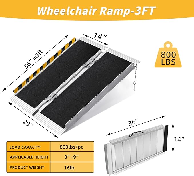 3FT Portable Wheelchair Ramp, Non-Slip Aluminum Folding Handicap Ramp for Home Steps, Stairs, Threshold and Doorways, Scooter Ramps, 800LBS Capacity
