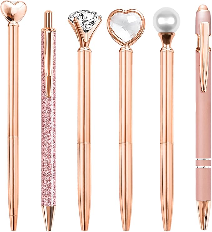 Cute Pens for Women, 6 Pcs Rose Gold Pens Metal Ballpoint Pen Bulk, 1.0mm Medium Point Black Ink, Office and School Supplies Cool Fun Pen Gifts for Women Teacher Nurse (Rose Gold)