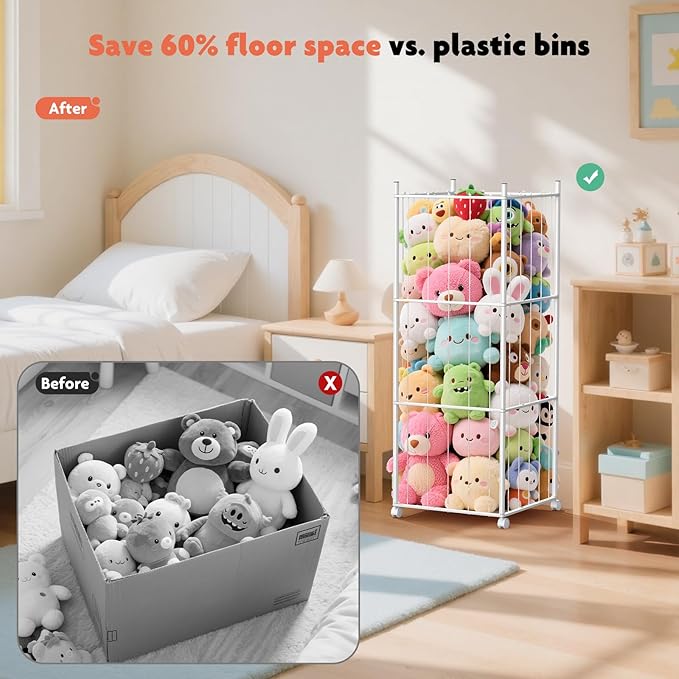 GoKEDA Stuffed Animal Storage,Extra Large Metal Stuffed Animals Storage Tower,Heavy Duty Stuffed Animal Holder with Elastic Plushies Storage Organizer for Nursery,Kids Room,Playroom (White)