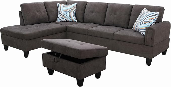 L Shaped Couch Modern Sectional Couch Upholstered Fluffy Fabric 3 Pieces Sofas for Living Room with Chaise, Storage Ottoman for Office and Small Apartment, Dark Brown