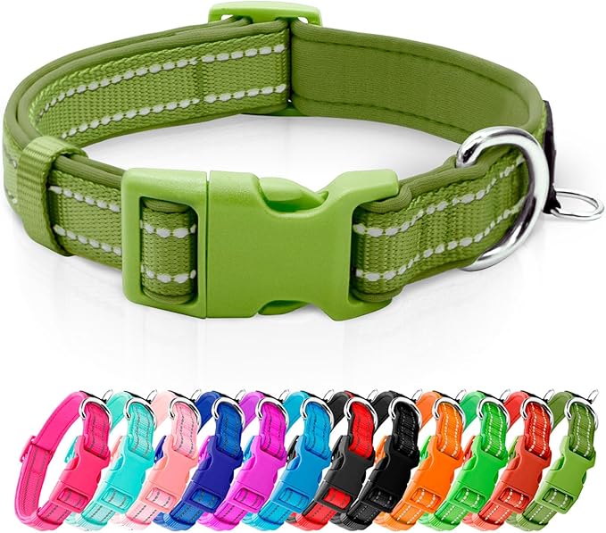 azuza Reflective Dog Collar, Soft Neoprene Padded Pet Collar with ID Tag Ring, Adjustable for Small Dogs,Army Green,S