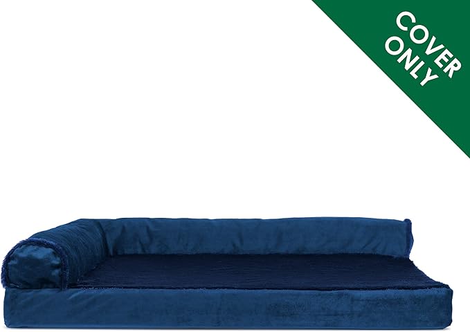 Furhaven Replacement Dog Bed Cover Plush & Velvet L Shaped Chaise, Machine Washable - Deep Sapphire, Medium