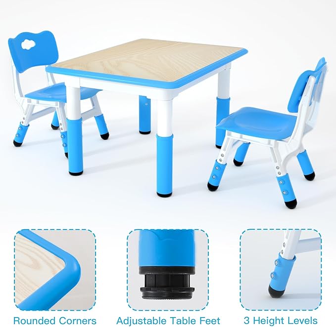 Kids Table and 2 Chairs Set，Height Adjustable Children Table & Chair，Toddlers Study Multi-Activity Table with 31.5"x23.6" Wipe-Clean Desktop，for Classrooms, Homes & Daycares