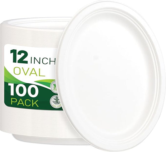 100PCS 100% Compostable White Oval Paper Plates(12in), Heavy Duty Disposable Plates, Eco-Friendly Dinner Plates, Biodegradable Salad, Meal, Dessert Plates, Perfect for Parties, Picnic, BBQ