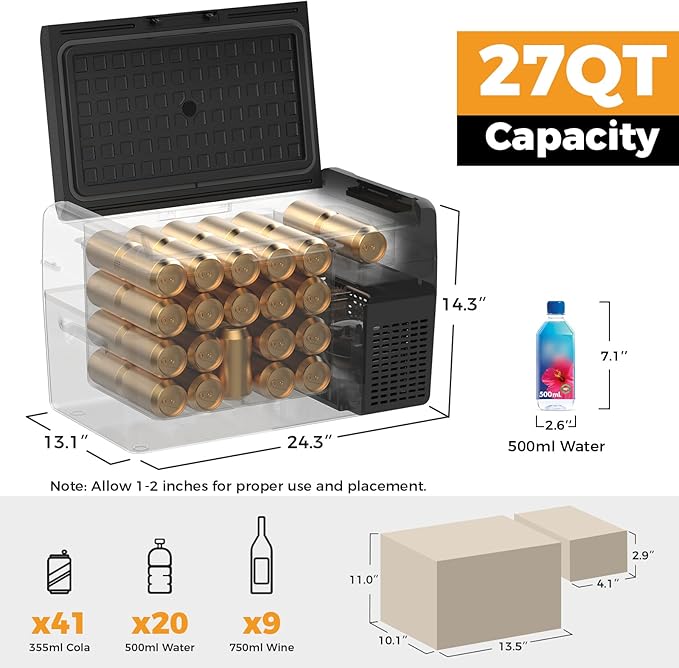 Setpower RF25 12V Refrigerator 27 Quart Portable Electric Cooler for Vehicles Car Freezer With 12/24V DC Car Refrigerator 12V Portable Fridge for Car Camping Truck Van RV SUV Road Trip Travel