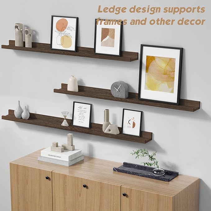 Forbena Wood Picture Ledge Shelf for Wall 4-Pack, 48 Inch Long Rustic Floating Shelves with Lip for Classroom Library, Farmhouse Wooden Wall Ledge for Photo Frames Books (Dark Brown)