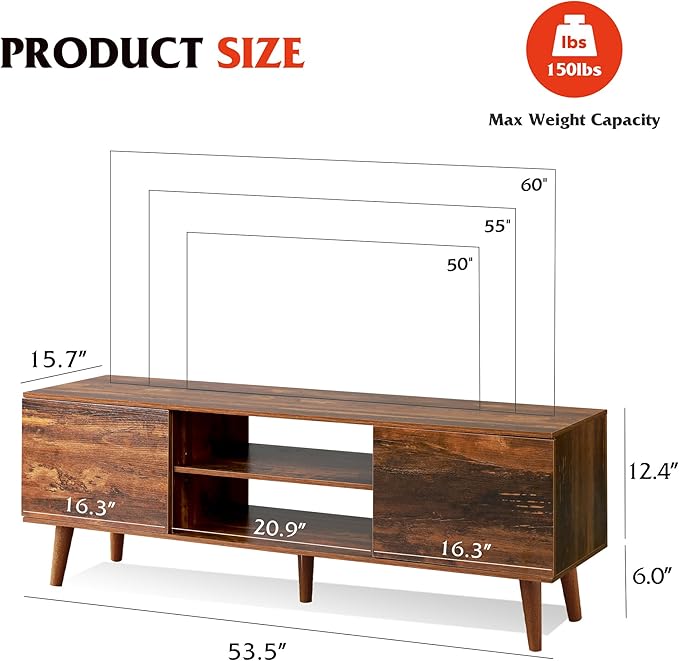 WLIVE TV Stand for 55 60 inch TV, Mid Century Modern TV Console, Entertainment Center with Storage for Living Room, Retro Brown
