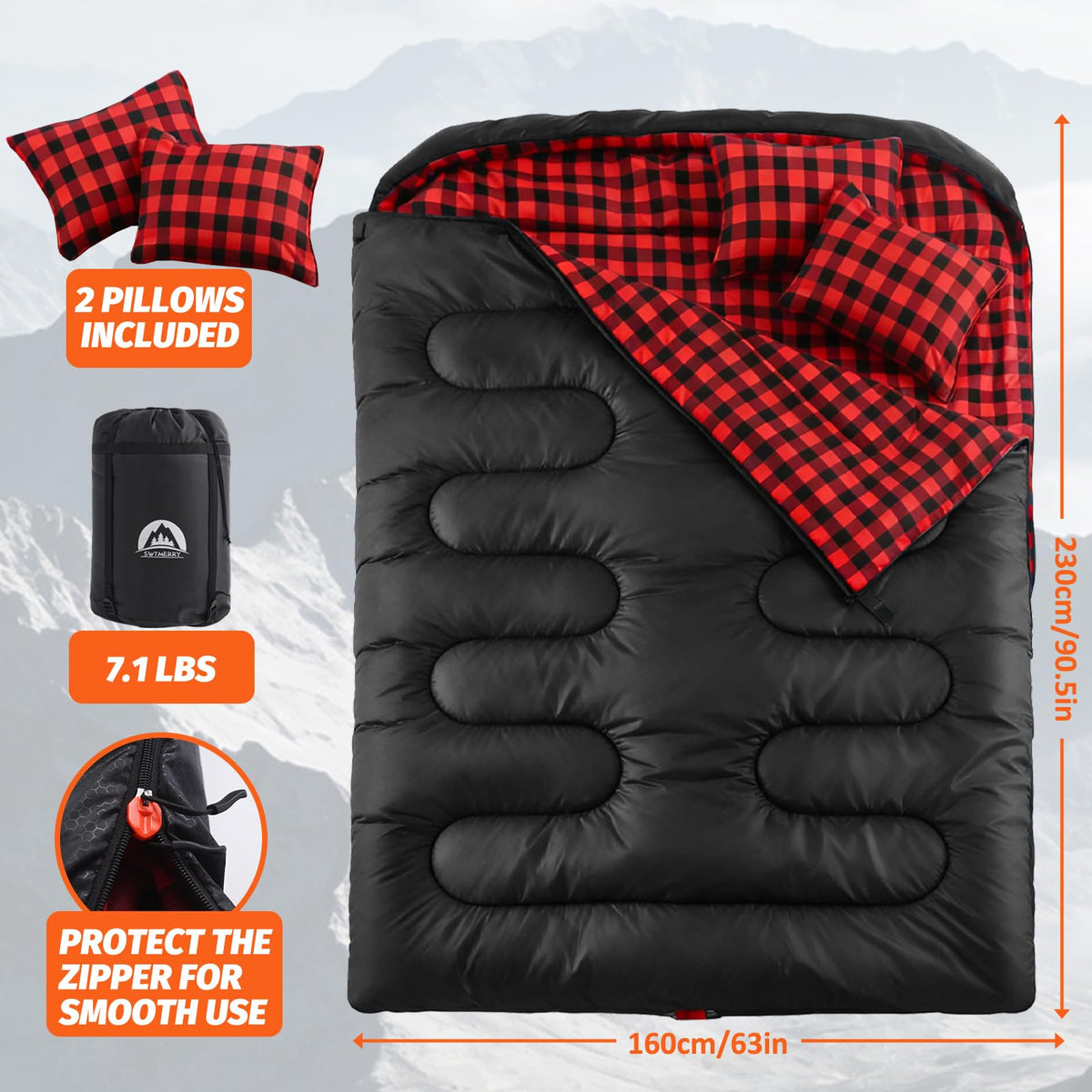Swtmerry Flannel Double Sleeping Bag for Adults with 2 Pillows Cold Weather, Big & Tall Queen Size XL Sleeping Bag for 2 Person, Waterproof & Lightweight Warm for All Season