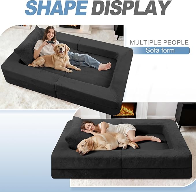Futon Sofa Bed with Pillow, 3-in-1 Sleeper Sofa Bed with Removable Cover, Convertible Floor Sofa Bed, No Assembly Boneless Couch for Living Room, Bedroom
