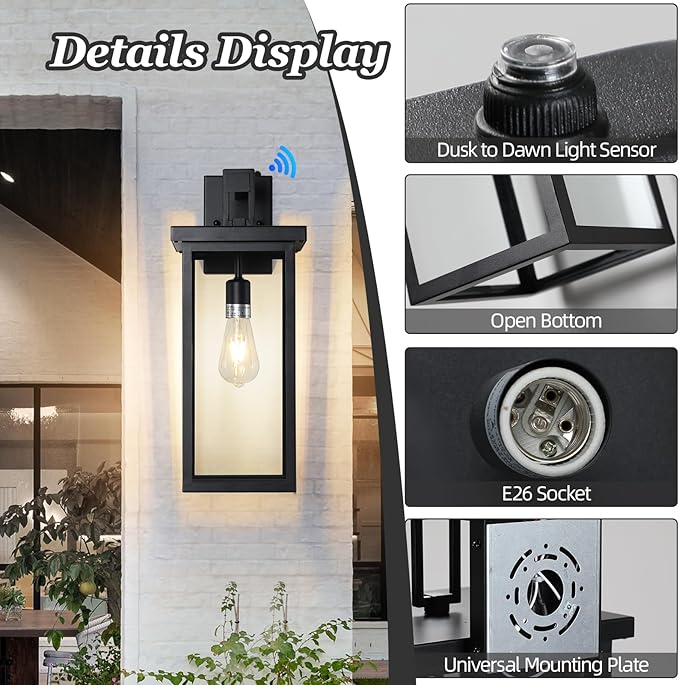 Large Exterior Lighting Fixtures Modern Wall Lantern,Outdoor Wall Lights with Clear Glass Shade,Outdoor Lamps for Patio Porch,Waterproof Outside Exterior Lights，Dusk to Dawn 20IN-2 Packs