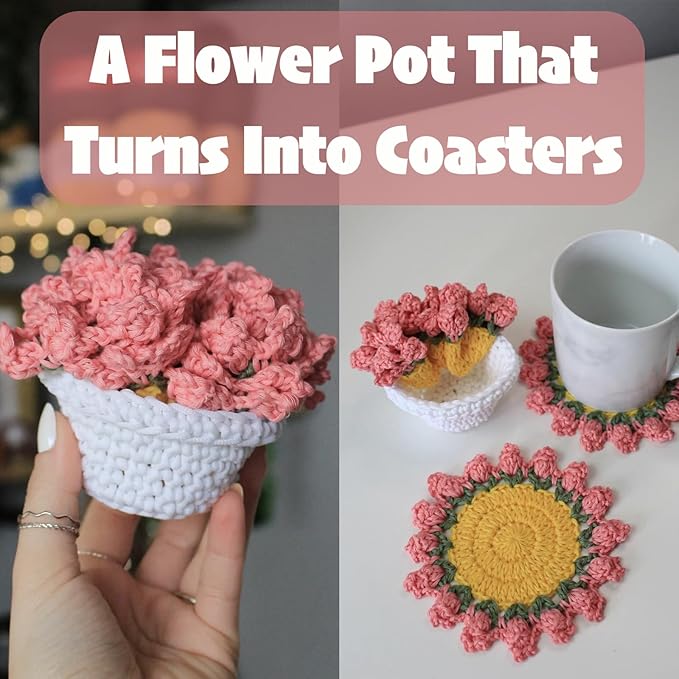 Cute Coasters Set of 4,Funny Pink Flower Coasters,Crochet Plant Pot Coaster Set for Drinks with Flowerpot Holder,Fun Soft Decorative Coasters Housewarming for New Home Bar Desk