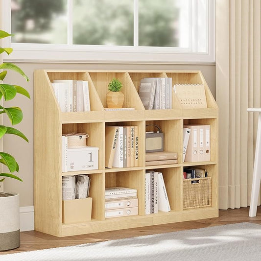 12-Cube Wooden Storage Bookcase - 11-Inch Open Shelf Cabinet, Simple Modern Bookshelf Organizer for Home Office, Living Room, Oak