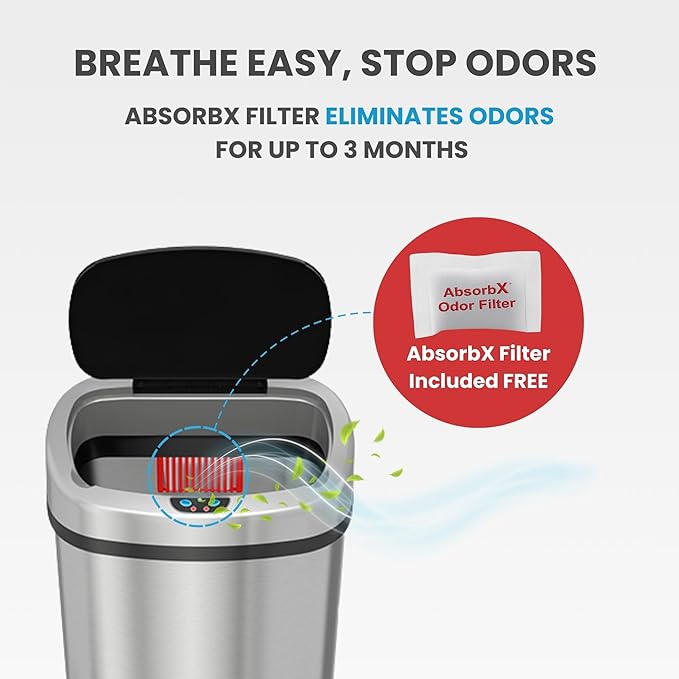 SensorCan 13 Gallon Oval Sensor Trash Can with AC Adapter and Odor Filter, Automatic Motion Sensor Kitchen Bin, Soft-Close Stainless Steel, Slim Curved Wastebasket for Narrow Walkways, Matte Silver