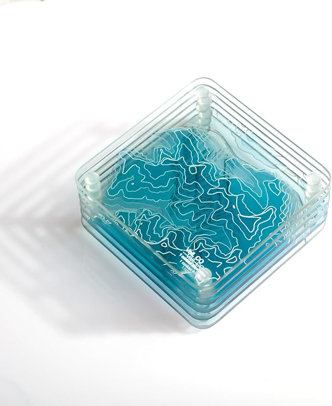 Vail, CO 3D Contour Map Glass Drink Coasters of Mountains, Ski Resort, Set of 6 with Holder, Housewarming Birthday Gifts, Home Decor