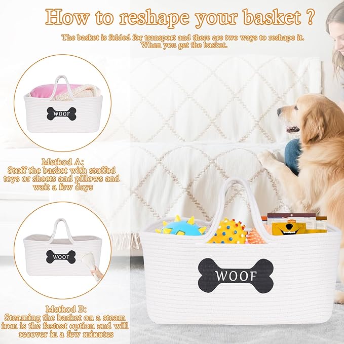 Woven Dog Toys Basket,Cotton Rope Baskets for Dog Cat Accessories,Pet Storage Tote with Long Handle for Snack and Camping Essentials,Ideal for Car Trunk, RV trip,Picnic