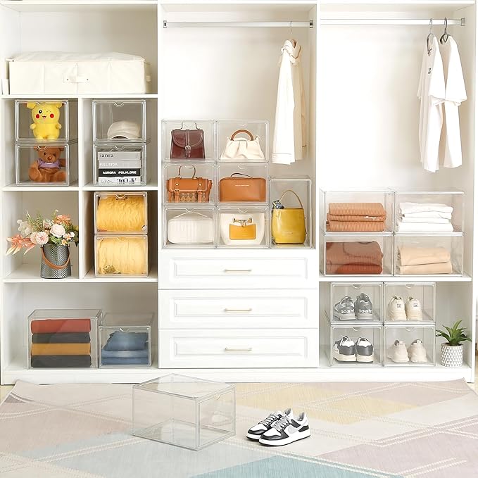 Clear Shoe Storage Boxes Stackable, Display Case With Magnetic Door, 4 Pack Acrylic, Plastic Shoe Boxes With Lids, Sneaker Storage