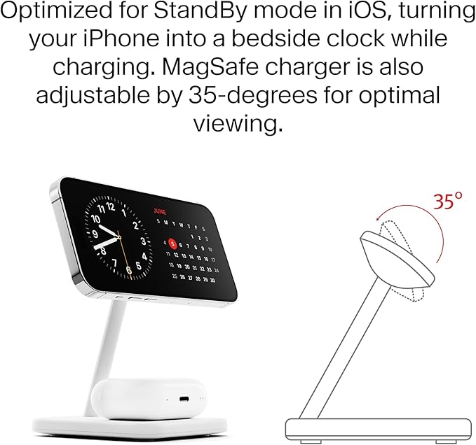 Twelve South HiRise 2 Deluxe 2-in-1 Wireless Charging Station for Apple Devices - Qi2 MagSafe Charger, Fast Wireless Charger Stand for iPhone 15 14 13 12 Pro & Max Series, AirPods Pro/3/2, White