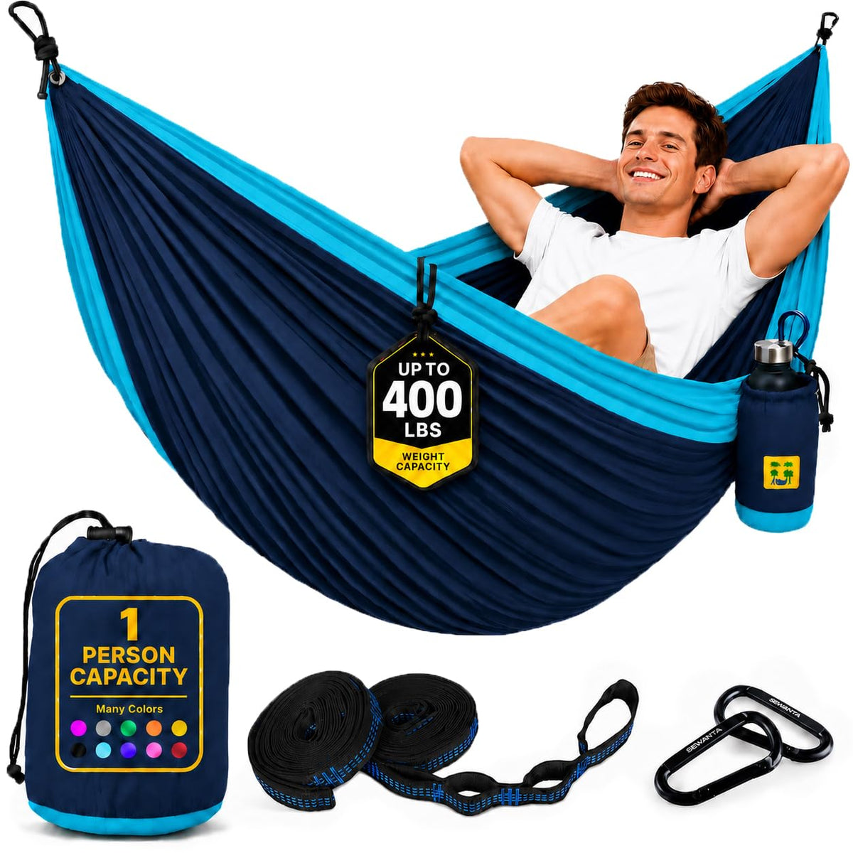 Durable Hammock 400 lb Capacity, Nylon Camping Hammock Chair - Double or Single Sizes w/Tree Straps and Attached Carry Bag - Portable for Travel/Backpacking/Beach/Backyard (Medium, Blue & Light Blue)