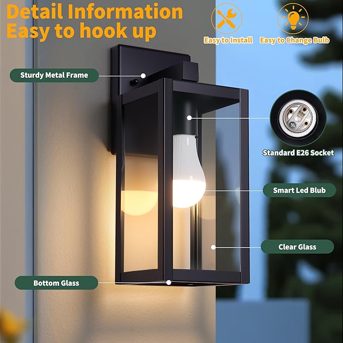 Outdoor Wall Light with Smart Bulb Exterior Lighting Fixtures Waterproof Porch Lights Outdoor Anti-Rust Wall Lantern with Clear Glass Outside Lights for House Front Door Sconce Light