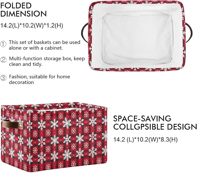 Christmas Red Buffalo Plaid Storage Basket with Waterproof Liner and PU Handles Winter Snowflake Checker Storage Bins Boxes 14.2" Collapsible Decorative Baskets for Bedroom Closet Office 1 Pack