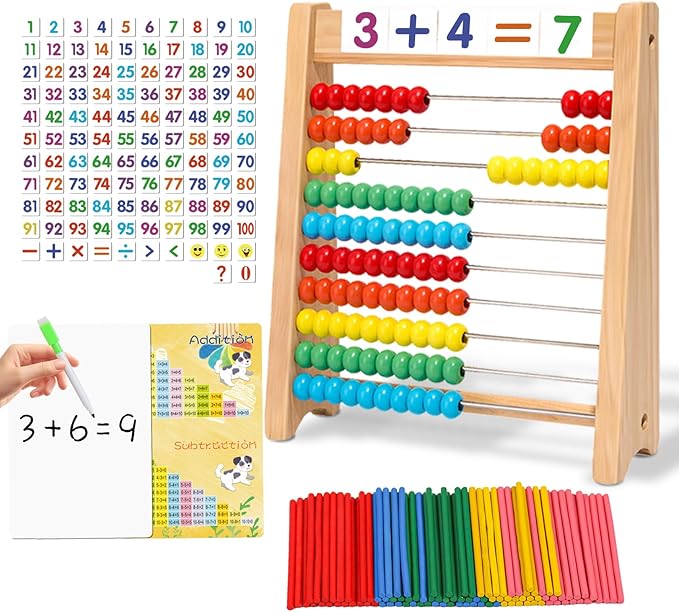 Wooden Abacus for Kids Math - 10-Row Counting Toy with 100 Beads, Number Cards & Counting Sticks, Educational Counters for Kids Math Gift for Age 3 4 5 6 7 Year Old Boy Girl