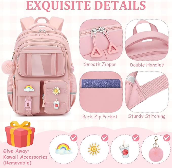 School Backpack for Girls - 5pcs Cute Girls Backpack with Lunch Box for Teens Kids Elementary Middle School - 17″ Students Bookbag Travel Back Pack for Age 6-18