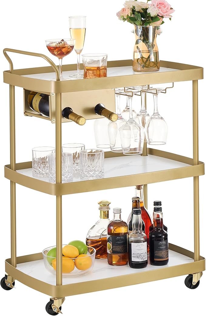 SONGMICS HOME Bar Cart, Home Bar Serving Cart with 3-Tier Shelf, Flexible Wine Bottle Rack and Glass Holder, Drink Beverage Cart, Microwave Cart, Kitchen, Marble White and Pale Gold ULRC291A02