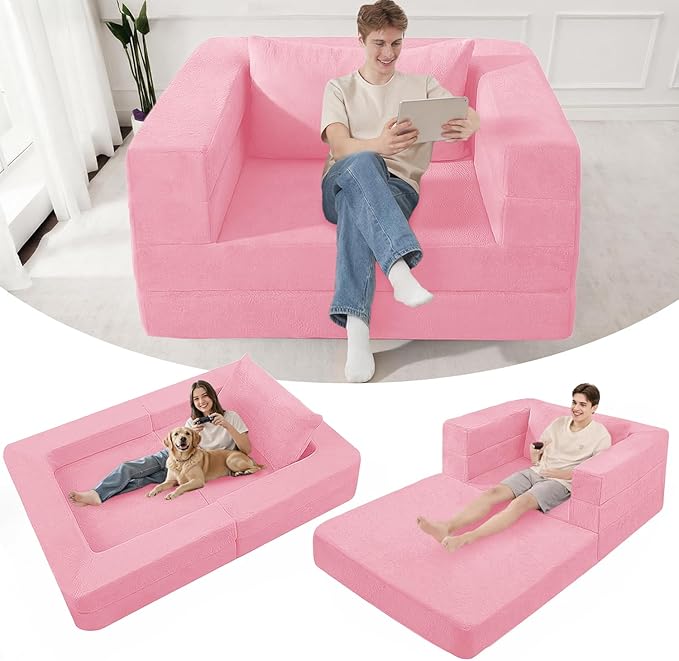 Futon Sofa Bed with Pillow, 3-in-1 Sleeper Sofa Bed with Removable Cover, Convertible Floor Sofa Bed, No Assembly Boneless Couch for Living Room, Bedroom