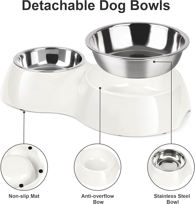 Elevated Dog Bowls Set - Non-Slip Raised Pet Feeder with Medium (10 oz) & Large (20 oz) Stainless Steel Bowls - Includes Durable Resin Stand for Puppies, Adult Dogs & Cats - White