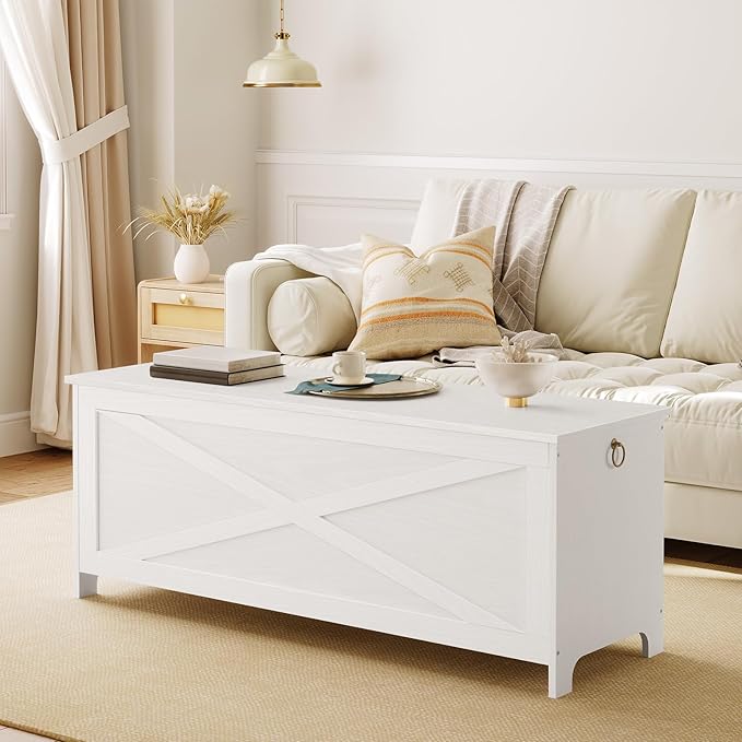 47.2" Toy Chest, Sturdy Entryway Storage Chest with Safety Hinge, Retro Toy Box, Wooden Look Accent Furniture for Living Room, Bedroom, White SCBW48801