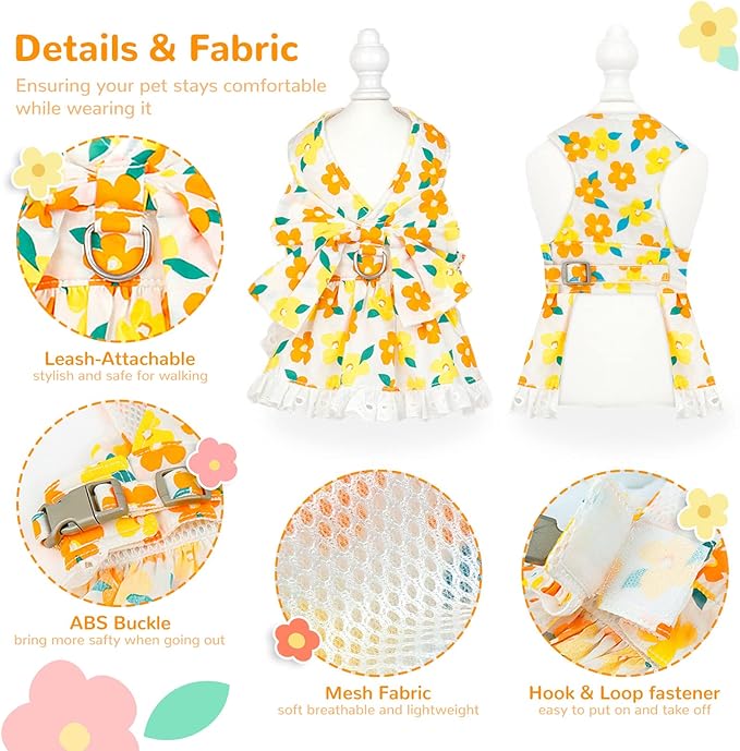 Dog Harness Dress Leash Set for Small Dog Summer Clothes Girl Female Puppy Cats Outfits Cute Floral Bowknot Princess Birthday Dress for Extra Small Pet Doggie Kitten Outfits Apparel(Yellow,S)