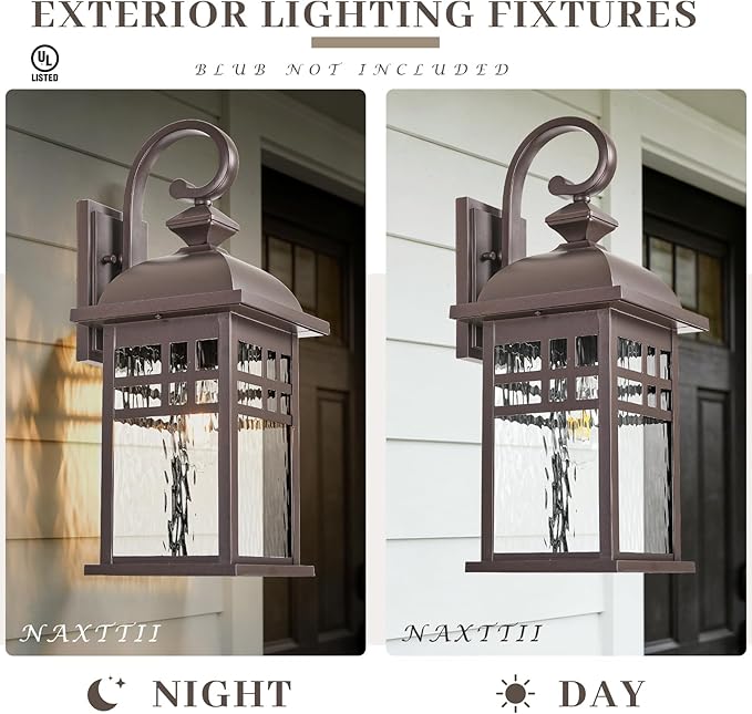 Outdoor Wall Lights Waterproof Exterior Lighting Fixtures with Water Ripple Glass 15 Inch Height Anti-Rust Porch Lights for House Garage Doorway